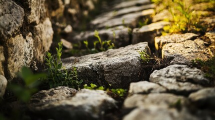Obraz premium Ground-level close-up of aqueduct foundation plants growing in cracks of rough stone