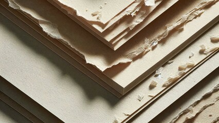 Stacked sheets of torn paper with rough edges in close-up view