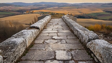 Looking down from aqueduct top worn stone channel and landscape of rolling fields below