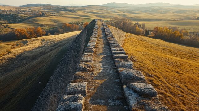 Aqueduct top looking down smooth stone channel above bright fields and distant horizon