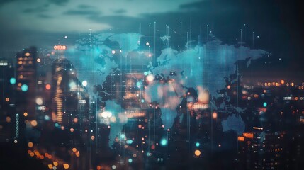 A blurred cityscape at night with a digital world map superimposed over it. The map is made of interconnected lines and dots, representing global connectivity.