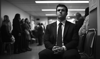 A man in a suit sits confidently during an interview in a busy office filled with candidates in long lines while waiting for their turn