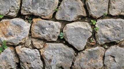 Obraz premium Detailed shot of aqueduct base stones rough texture with small plants in cracks bright lighting reveals fine stonework details