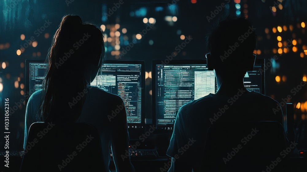 Aufkleber Silhouettes of Two People Working on Computers in a Dark Room