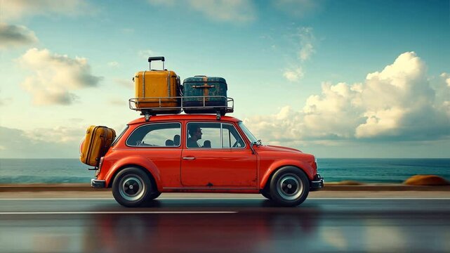 traveling by car. The car is driving along the road, the roof trunk is loaded with suitcases 