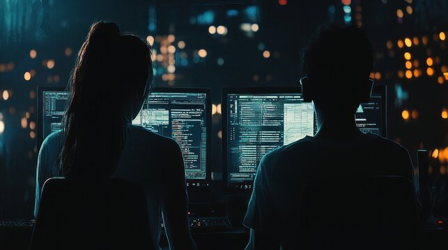 Silhouettes of Two People Working on Computers in a Dark Room