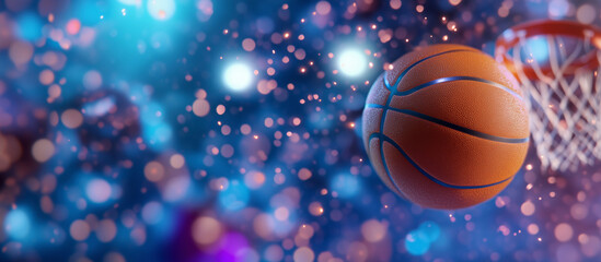Dynamic basketball shot with vibrant bokeh background