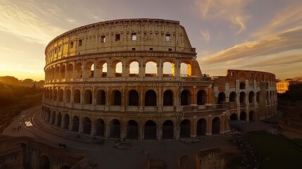 Naklejka premium Coliseum at dawn with golden sunlight illuminating the arches soft shadows below