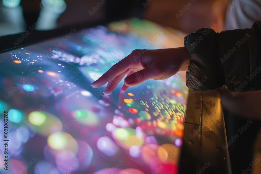 Poster A person interacting with a vibrant, illuminated touchscreen display in an interactive art installation at night, showcasing colorful patterns and designs