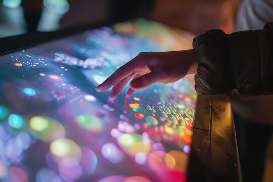 A person interacting with a vibrant, illuminated touchscreen display in an interactive art installation at night, showcasing colorful patterns and designs