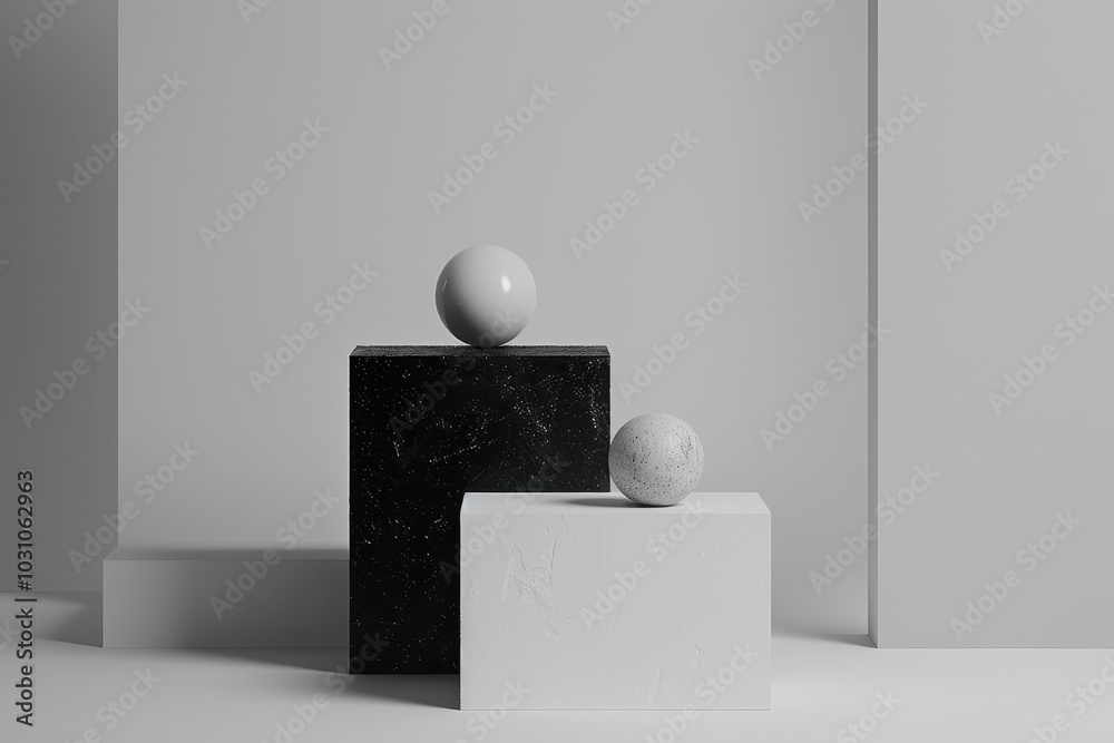 Aufkleber a minimalist arrangement of geometric shapes featuring a black cube with a smooth sphere and a white