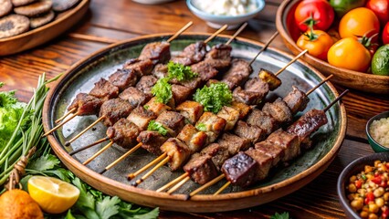 Ciger sis served with Turkish liver kebab alongside fresh vegetables at a cozy dining table
