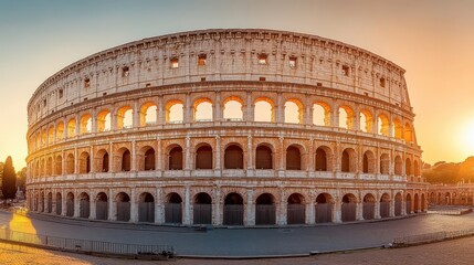 Sunset light on coliseum&rsquo;s outer wall warm hues and shadows emphasize weathered stone