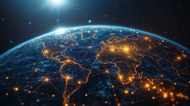 An aerial shot of a digital globe with trade routes connecting major countries, illustrating global free trade agreements and partnerships. 
