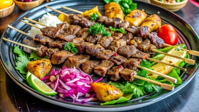 Front view of delicious ciger sis accompanied by Turkish liver kebap with fresh vegetables and spices