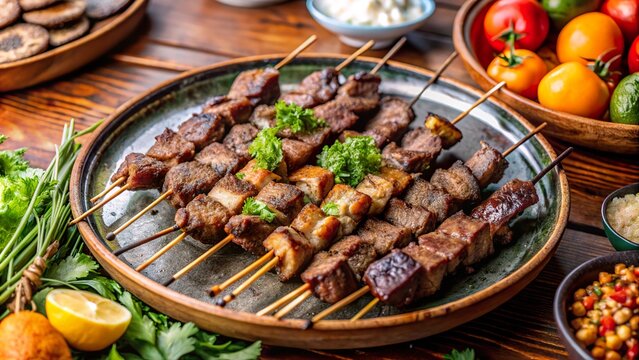 Ciger sis served with Turkish liver kebab alongside fresh vegetables at a cozy dining table