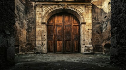 Fototapeta premium Close-up of weathered wooden doors at coliseum entrance stone frames worn smooth by time