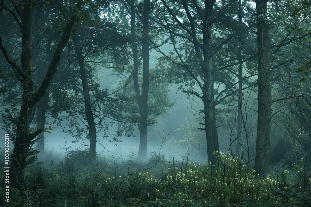 Aufkleber A serene forest landscape at dawn with mist enveloping trees and a gentle stream reflecting soft light in a tranquil woodland setting