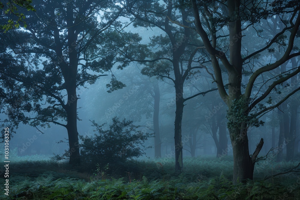 Poster A serene forest landscape at dawn with mist enveloping trees and a gentle stream reflecting soft light in a tranquil woodland setting