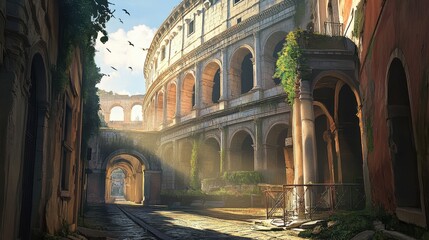 Naklejka premium Coliseum view from narrow street arches dominating the skyline sunlight streaming through