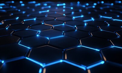 Obraz premium A sleek, modern honeycomb pattern with glowing blue neon lines on a dark background signaling technology and connectivity