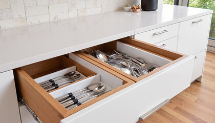 Well-organized kitchen drawers with neatly arranged silverware and utensils in a modern kitchen setting for stock photography