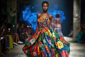 Fototapeta premium A model gracefully walks the runway wearing a vibrant floral dress during a fashion show, surrounded by a colorful backdrop rich in blooming patterns and hues
