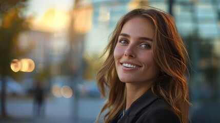 Obraz premium Businesswoman in formal wear, exuding confidence and happiness, smiling to the side in a modern outdoor environment