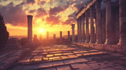 Fototapeta premium Roman temple in sunset warm light creating soft shadows and vibrant sky colors