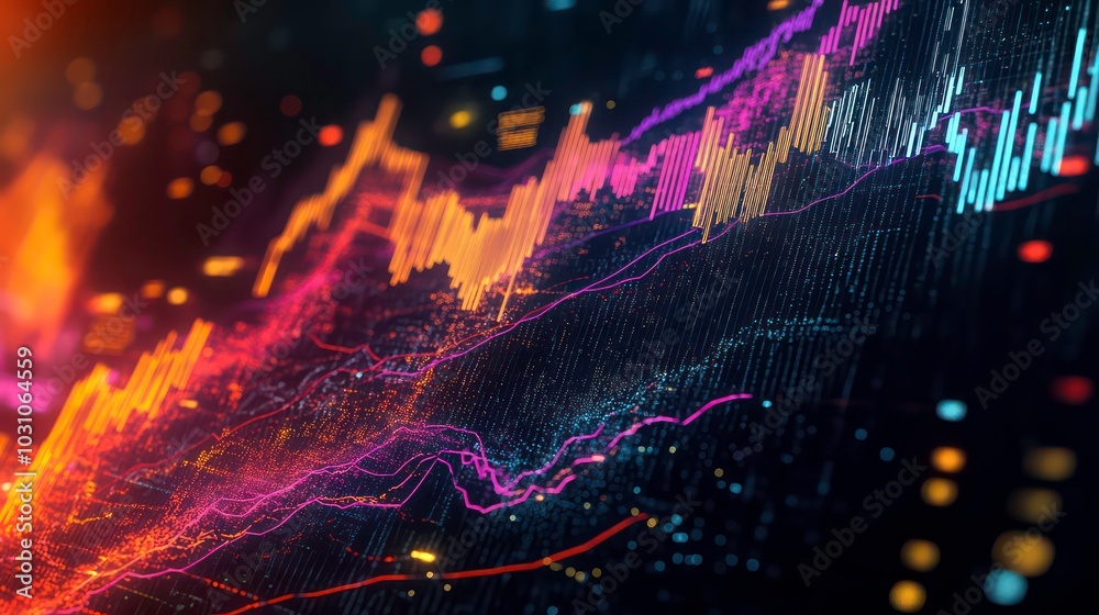Wall mural abstract data visualization with glowing lines, dots, and shapes on a dark background.