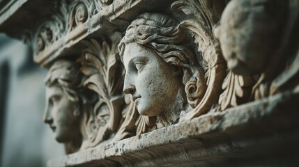 Obraz premium Detailed carvings on Roman altar depicting mythological figures worn by time