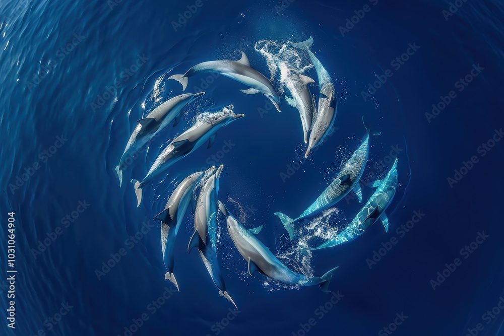 Poster dolphins swim in a circular formation in crystal clear waters during a sunny afternoon, showcasing t
