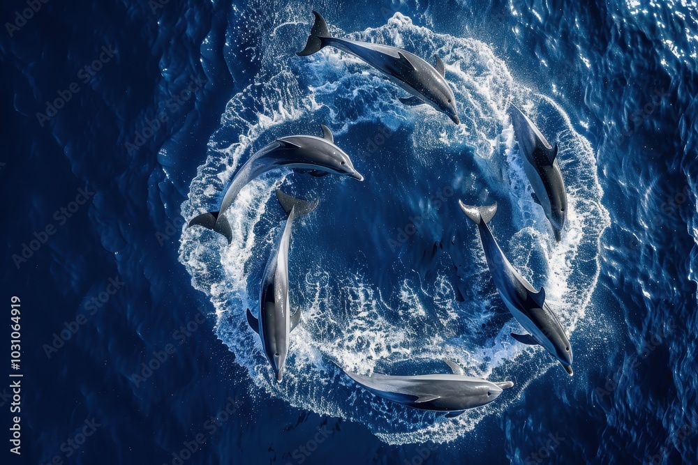 Poster dolphins swim in a circular formation in crystal clear waters during a sunny afternoon, showcasing t