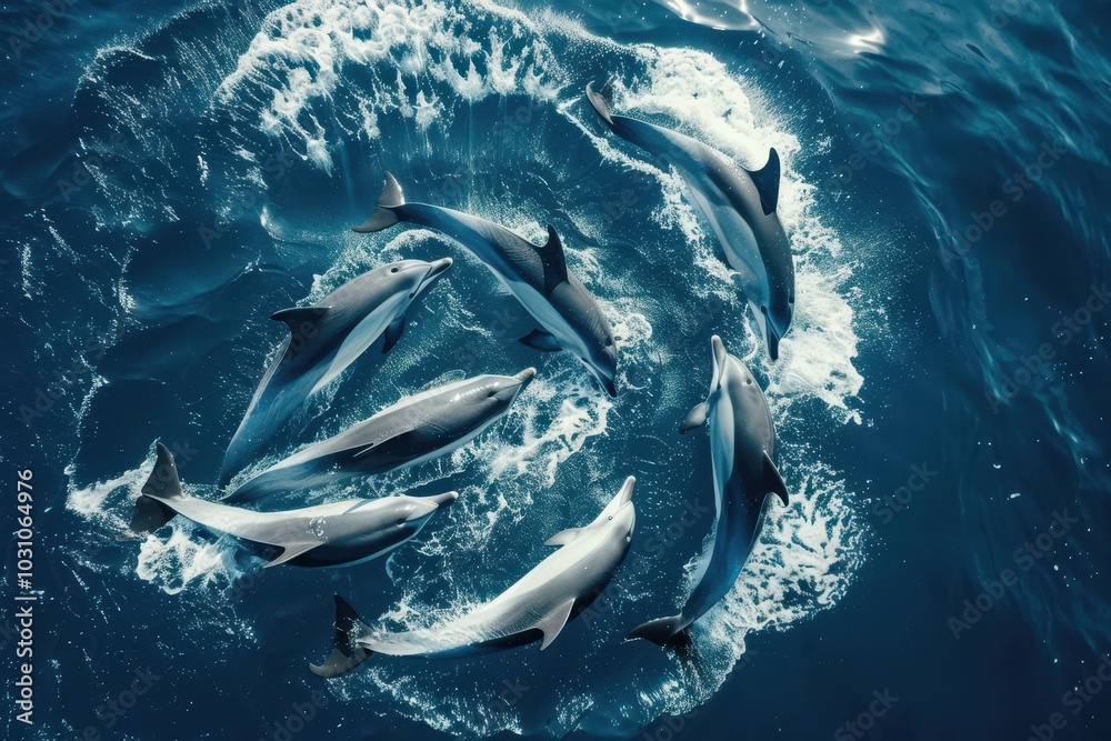 Poster dolphins swim in a circular formation in crystal clear waters during a sunny afternoon, showcasing t