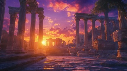 Naklejka premium Sunset behind Roman temple creating a warm glow on columns and steps below