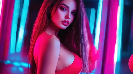 Young woman in vibrant neon lights with a confident gaze, AI