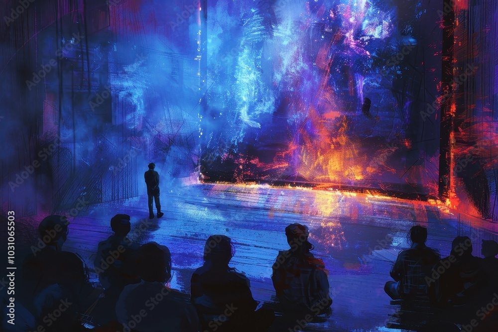 Poster Spectators immersed in a vibrant digital art display during an evening event at a contemporary art gallery, showcasing a blend of light and color