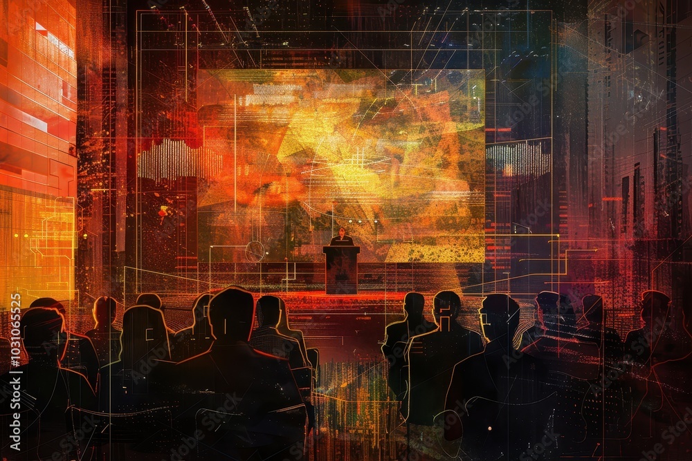 Poster Spectators immersed in a vibrant digital art display during an evening event at a contemporary art gallery, showcasing a blend of light and color