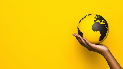 Hand holding yellow and black globe against bright yellow background
