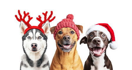 Three Christmas Dogs Wearing Red Santa Hat, Cap, Antler Isolated on White Background