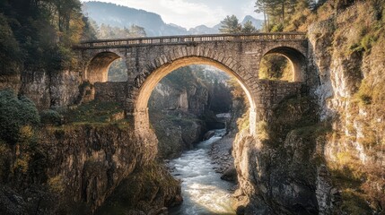 Fototapeta premium Stone bridge towering over rocky gorge river flowing below sunlight highlighting cliffs