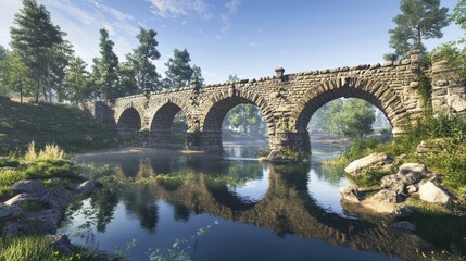 Fototapeta premium Roman bridge crossing narrow river arches reflected in water tall green trees under clear blue sky