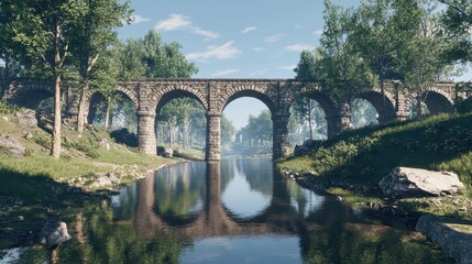 Fototapeta premium Roman bridge over narrow river arches reflected in water trees and blue sky illuminated by sunlight