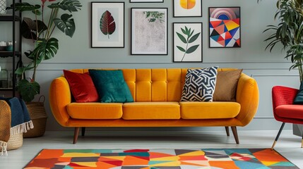 Chic living room with a luxurious sofa, a stylish armchair, and art deco posters on the wall