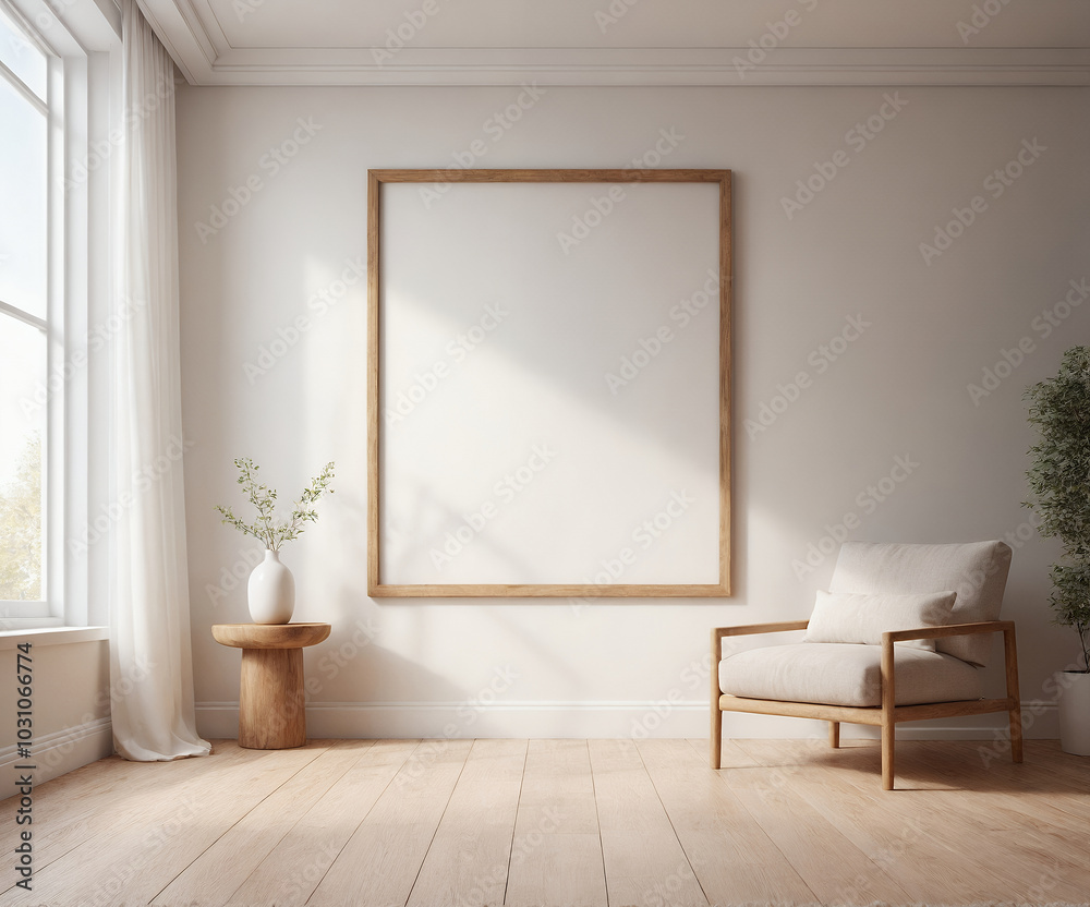 Wall mural empty close-up photo frame on the living room wall, an interior design illustration mockup template,