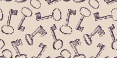 Seamless pattern of sketches obsolete rusty keys, realistic hand drawings, vector background, wallpaper, paper, textile