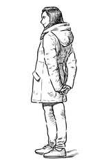 Sketch of casual teen girl standing outdoors alone and smiling, side view, realistic hand drawn vector illustration isolated on white