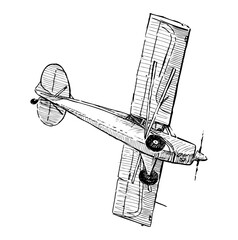 Sketch of retro airplane in flight, realistic hand drawing, vector illustration isolated on white