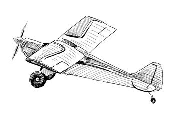 Sketch of retro airplane in flight, realistic hand drawn vector illustration isolated on white