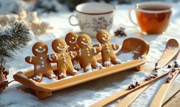Gingerbread men arranged on a sled, with a pair of skis leaning against it, and a cup of hot tea nearby